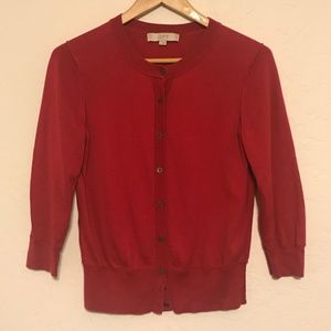 Loft 3/4 sleeve crew neck cardigan in red